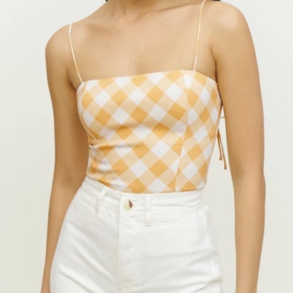 Reformation Meyer Top Yellow and White Gingham Square-Neck Size 8